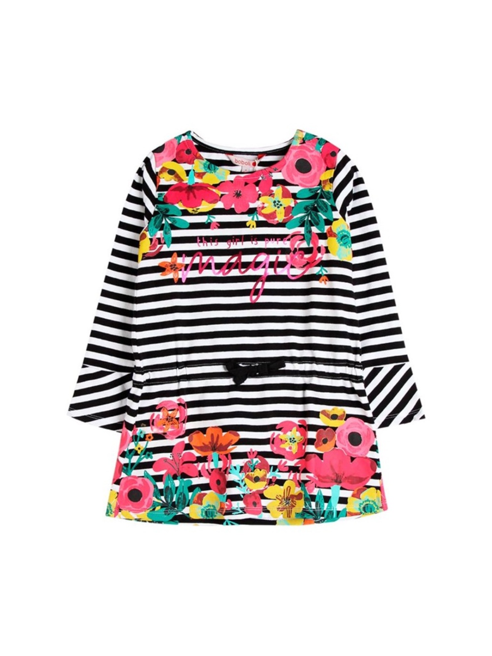 Girls Black & White Stripe Dress with Bright Floral Print